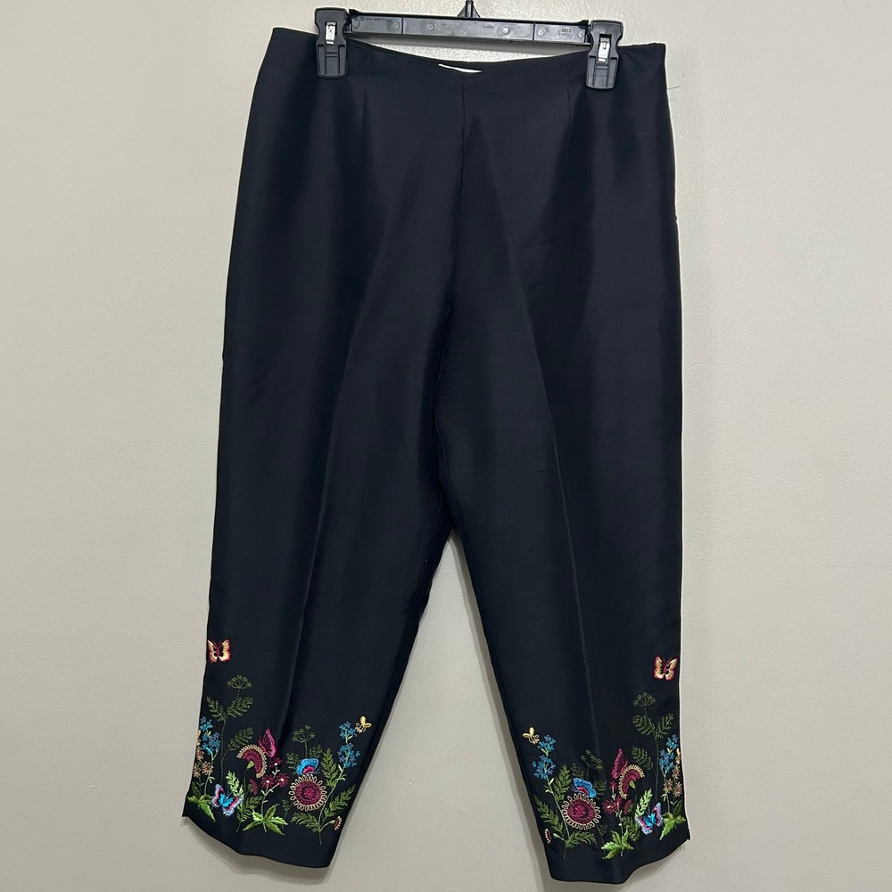 Allison Taylor Cropped Pants 10P Black Colorful Embroidered Floral Silk Trousers